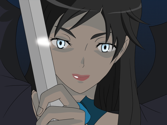 Woman sword blue eyes smirk free wallpaper for desktop - medium preview image