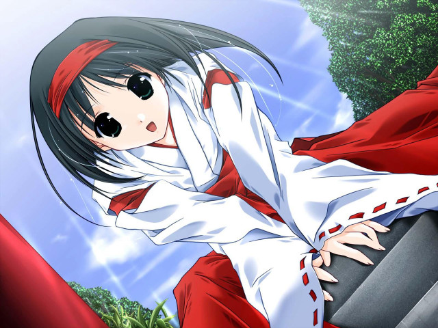 Woman red hakama suitcase anime free wallpaper for desktop - medium preview image
