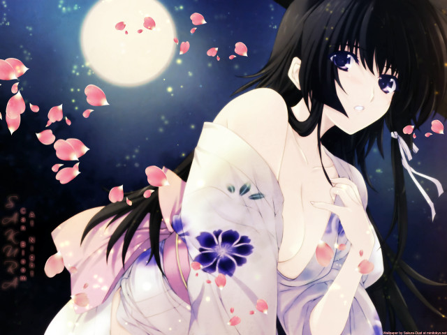 Moonlight cherry blossoms anime kimono free wallpaper for desktop - medium preview image