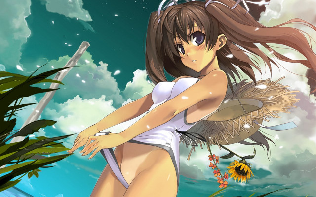 Girl white swimsuit bird flower free wallpaper for desktop - medium preview image
