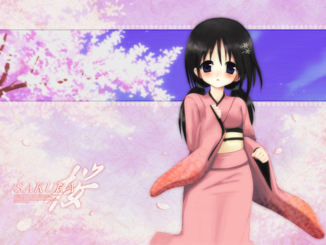 Pink kimono blossoms tree anime free wallpaper for desktop - medium preview image