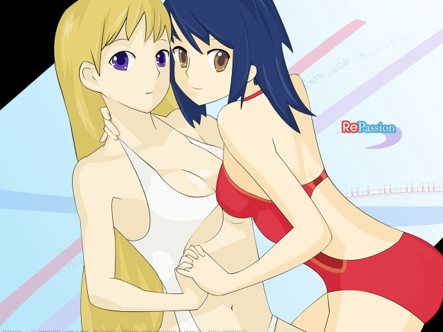 Anime girls swimsuits blue background free wallpaper for desktop - medium preview image