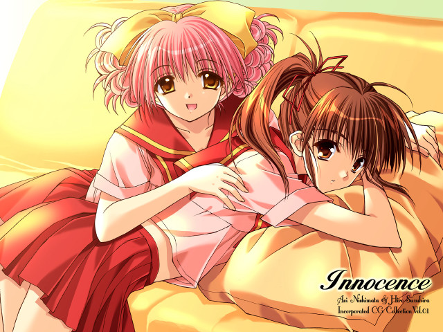 Anime sisters hugging couch brown free wallpaper for desktop - medium preview image