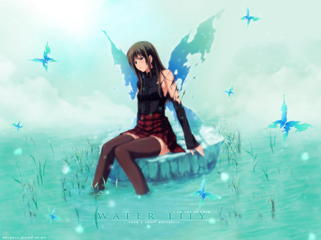 Woman butterfly rock water anime free wallpaper for desktop - medium preview image