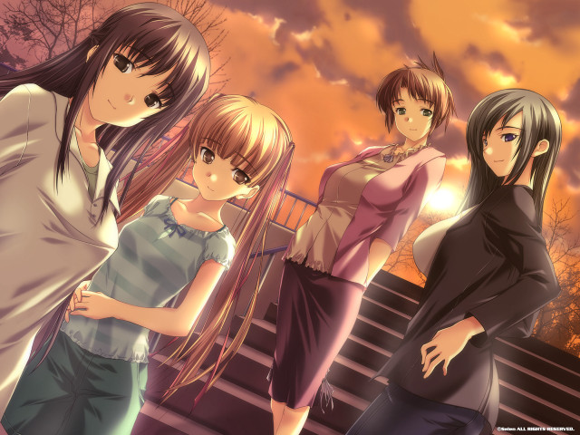 Anime girls stairway sunset autumn free wallpaper for desktop - medium preview image