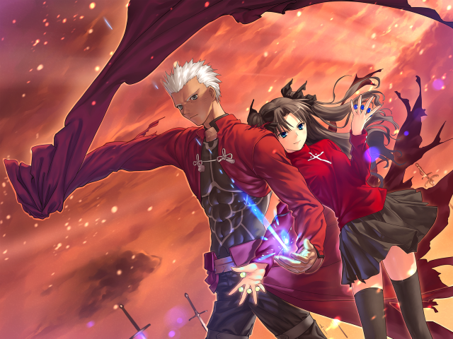 Anime couple purple sky fire free wallpaper for desktop - medium preview image