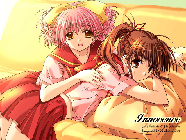 Anime girls couch hug brown free wallpaper for desktop - medium preview image