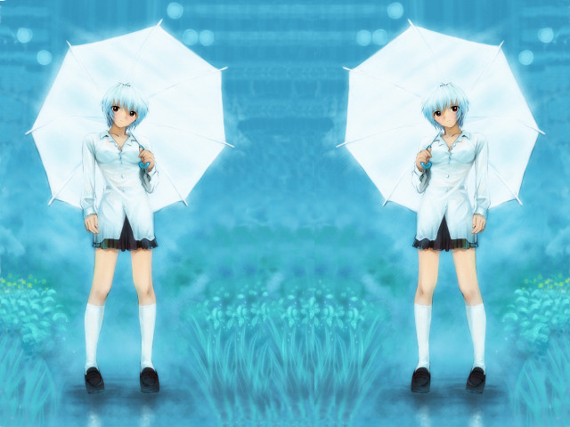 Girl umbrella rainbow blue background free wallpaper for desktop - medium preview image