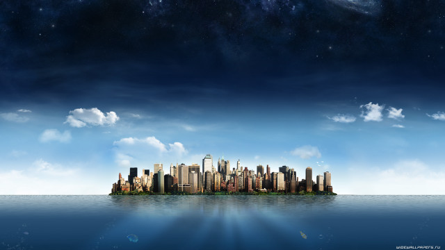 City skyline ocean clouds moon free wallpaper for desktop - medium preview image