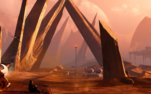 Futuristic landscape man bench trees free wallpaper for desktop - medium preview image