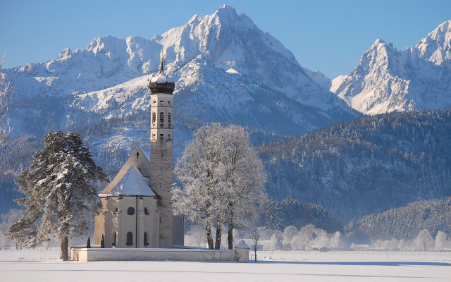 Church snowyfield mountains romanticism matte free wallpaper for desktop - medium preview image