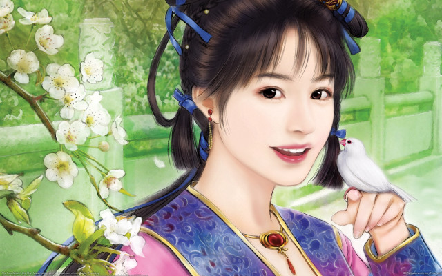 Woman bird cherry blossom dress free wallpaper for desktop - medium preview image