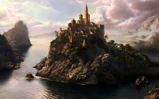 Castle rock water boat fantasy free wallpaper for desktop - medium preview image
