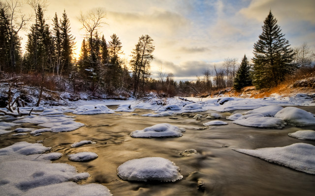 River snow trees cloudy sky free wallpaper for desktop - medium preview image