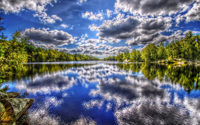 Lake forest sky reflection impressionist free wallpaper for desktop - medium preview image