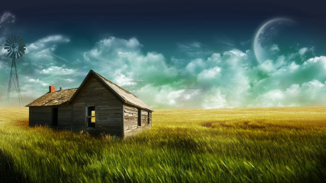 House field windmill clouds stars free wallpaper for desktop - medium preview image