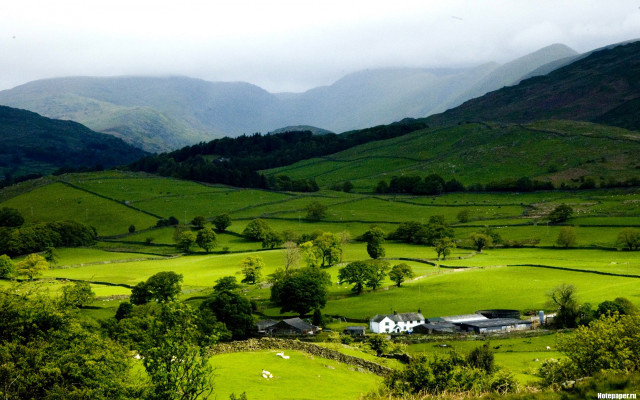 Green valley house mountains clouds free wallpaper for desktop - medium preview image