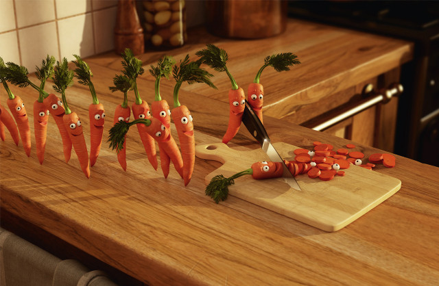 Cuttingboard carrots knife faces 3d #2 free wallpaper for desktop - medium preview image