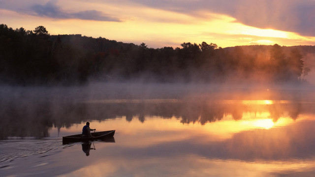 Canoe lake sunset mist trees free wallpaper for desktop - medium preview image