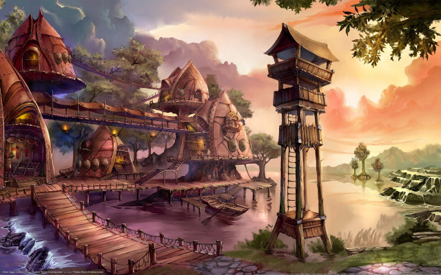 Bridge tower river cityscape fantasy free wallpaper for desktop - medium preview image