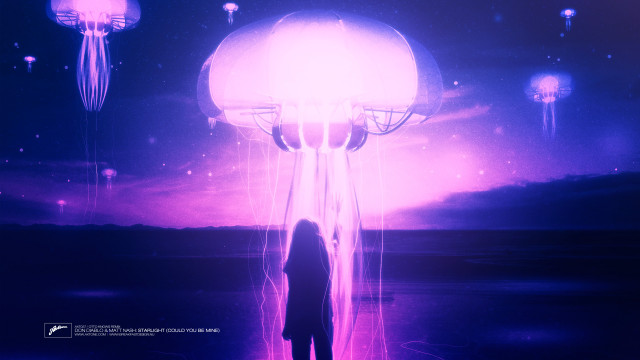 Jellyfish ocean silhouette synthwave night free wallpaper for desktop - medium preview image