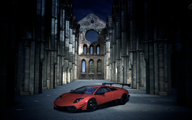 Red sports car gothic building free wallpaper for desktop - medium preview image
