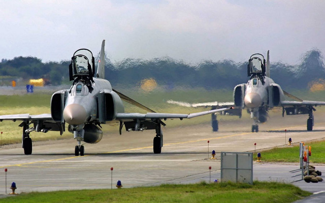 Fighterjets runway smoke people precisionism free wallpaper for desktop - medium preview image