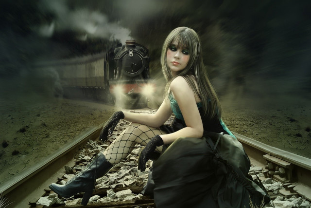 Woman sitting train track background free wallpaper for desktop - medium preview image