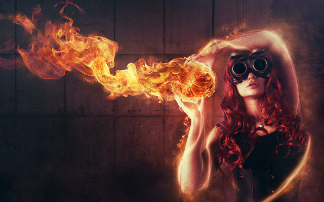 Fiery woman goggles fireball burnt free wallpaper for desktop - medium preview image