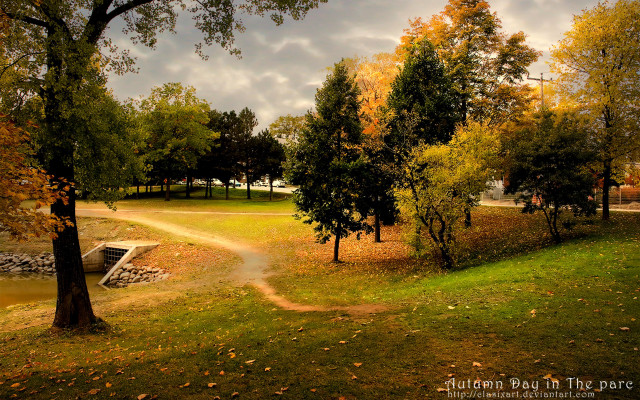Autumn path trees water clouds free wallpaper for desktop - medium preview image