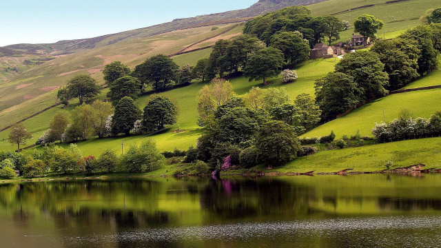 Lake green hills trees house #5 free wallpaper for desktop - medium preview image