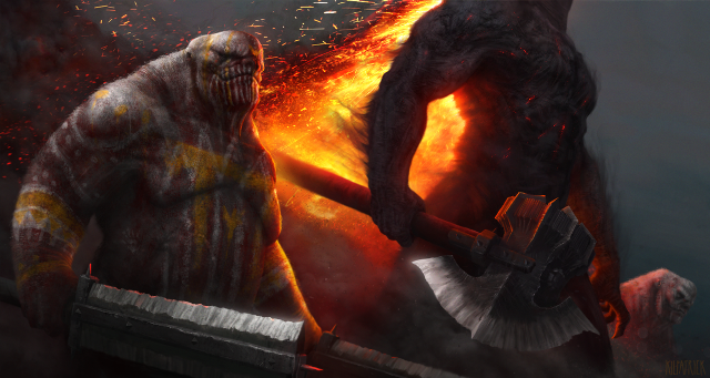 Demonic creature axe fire sky free wallpaper for desktop - medium preview image