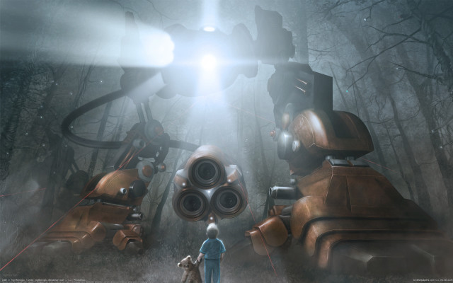 Man giant robot forest light free wallpaper for desktop - medium preview image
