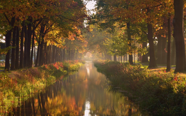 River forest boat autumn impressionism free wallpaper for desktop - medium preview image