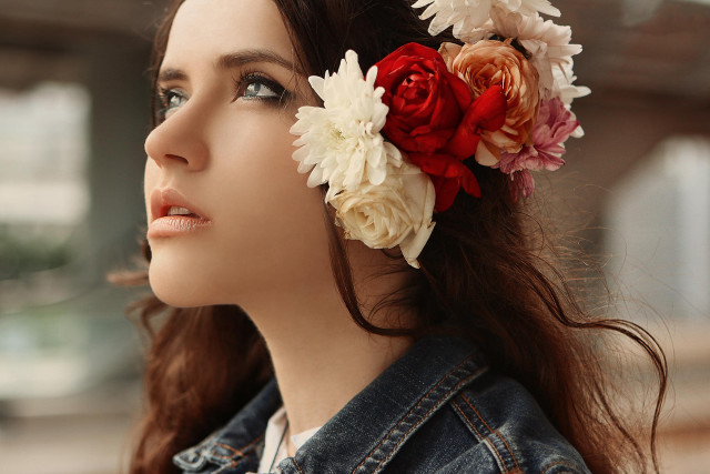 Woman flowers denim jacket portrait free wallpaper for desktop - medium preview image