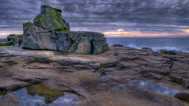 Rock beach sunset water mountains free wallpaper for desktop - medium preview image