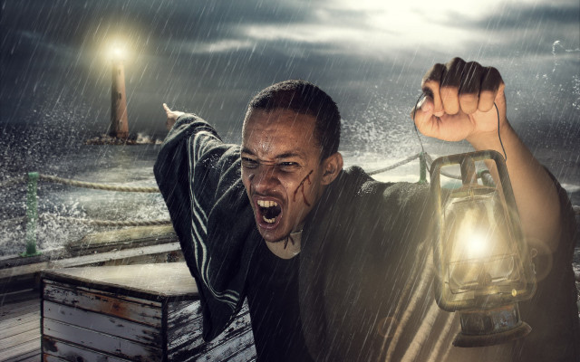 Man lantern rain lighthouse boat free wallpaper for desktop - medium preview image