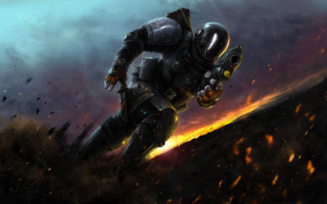 Space suit flying fire weapon free wallpaper for desktop - medium preview image