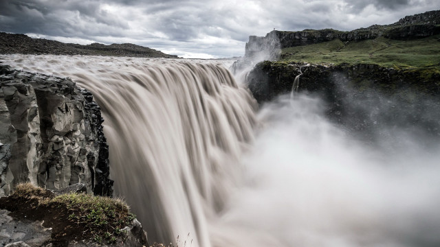 Waterfall side forest mountains lake free wallpaper for desktop - medium preview image