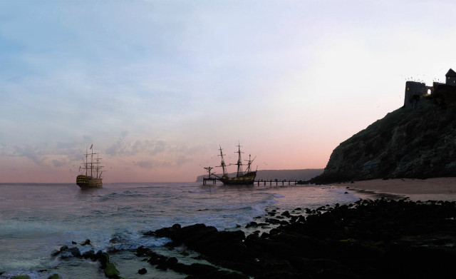 Ships ocean rocky shore castle free wallpaper for desktop - medium preview image