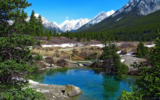 Blue lake mountains trees bridge free wallpaper for desktop - medium preview image