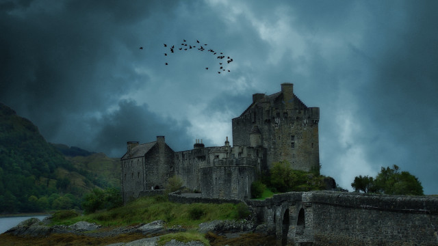 Castle birds cloudy gothic matte free wallpaper for desktop - medium preview image