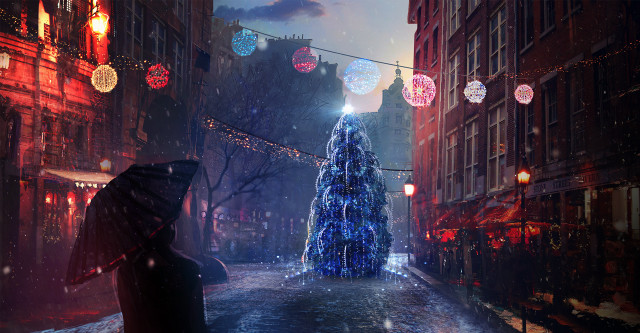 Snowy city night christmas lights free wallpaper for desktop - medium preview image