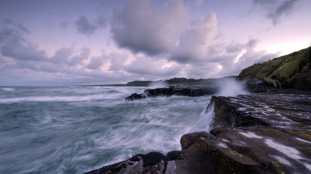 Rocky shore waves misty island free wallpaper for desktop - medium preview image