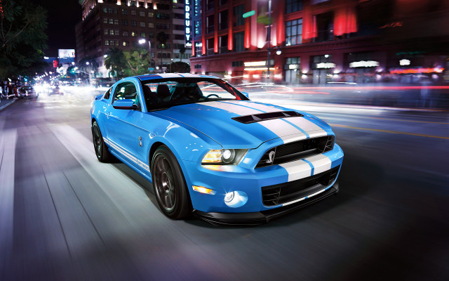 Blue mustang night city street free wallpaper for desktop - medium preview image