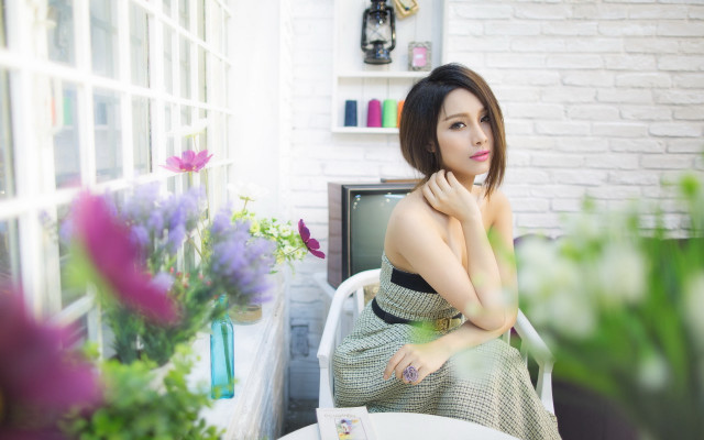 Woman chair window flowers tv free wallpaper for desktop - medium preview image