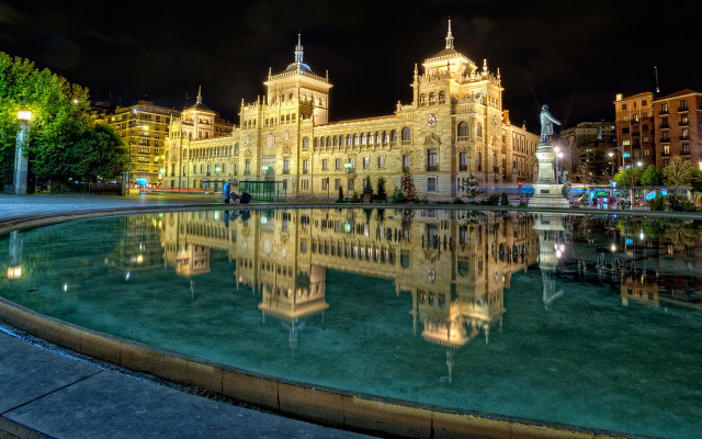 Neoclassical clocktower night cityscape reflection free wallpaper for desktop - medium preview image