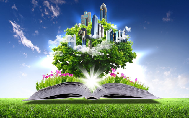 City greenfield flower trees solarpunk free wallpaper for desktop - medium preview image