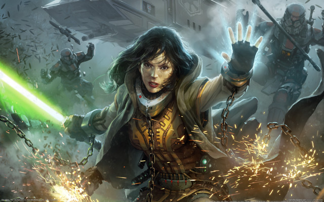 Woman green lightsaber battle concept free wallpaper for desktop - medium preview image