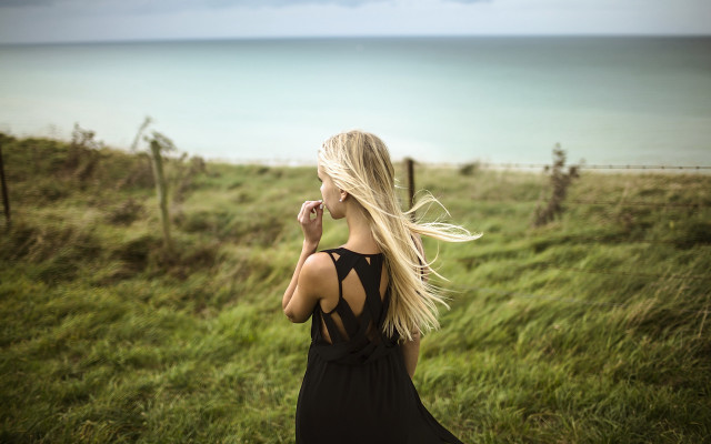 Woman blonde dress ocean field free wallpaper for desktop - medium preview image